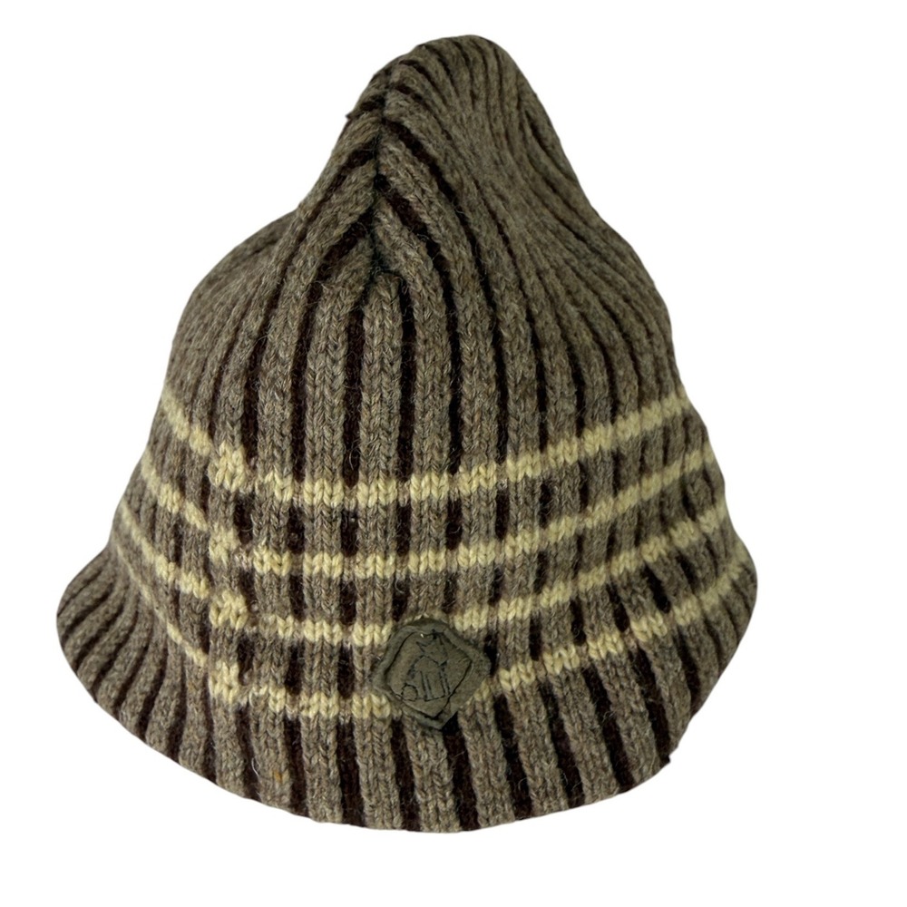 Attaboy USA‎ Brown Striped Wool Blend Ribbed Beanie Hat Fleece Lined Made in USA
